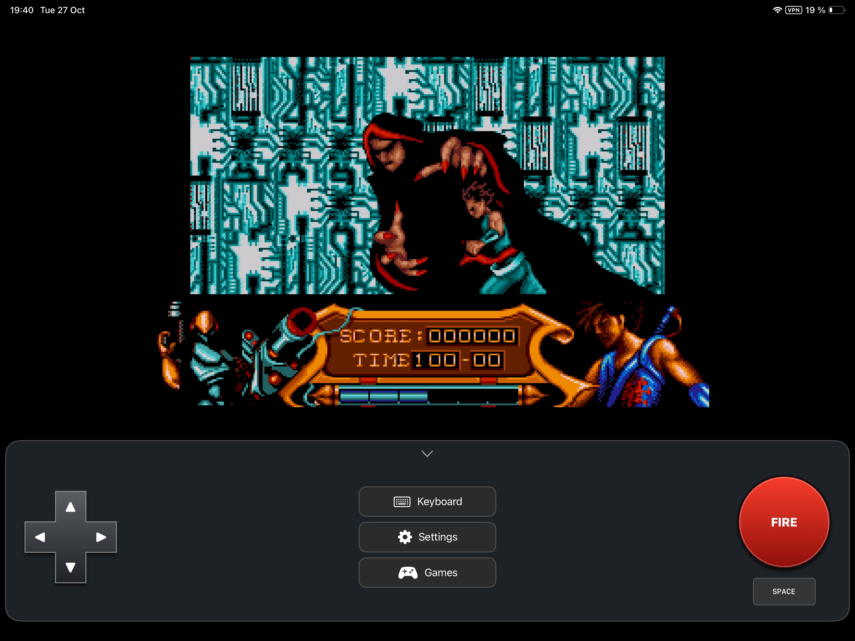 Hatari running on iPad with shaded D-pad and Fire controls
